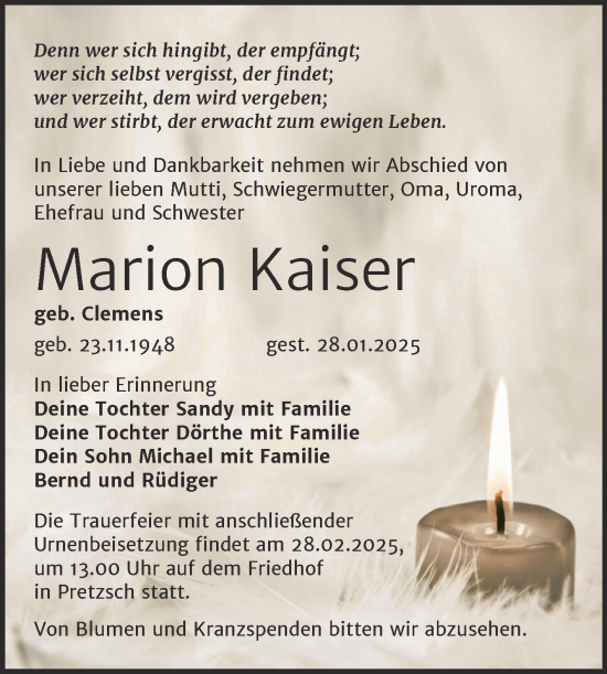 Traueranzeige von Marion Kaiser von Trauerkombi Wittenberg