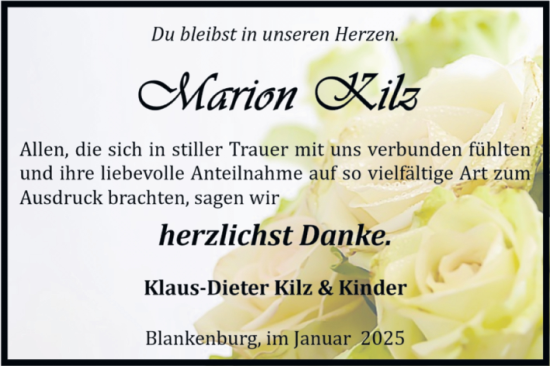 Traueranzeige von Marion Kilz von Volksstimme Wernigerode