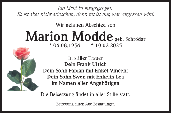 Traueranzeige von Marion Modde von Volksstimme Magdeburg