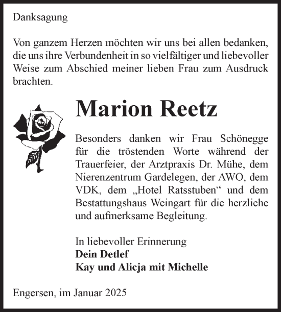 Traueranzeige von Marion Reetz von Volksstimme Altmark West