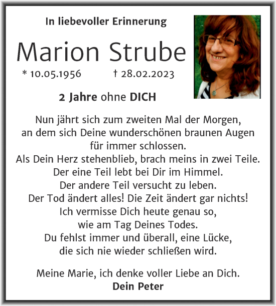 Traueranzeige von Marion Strube von Trauerkombi Aschersleben