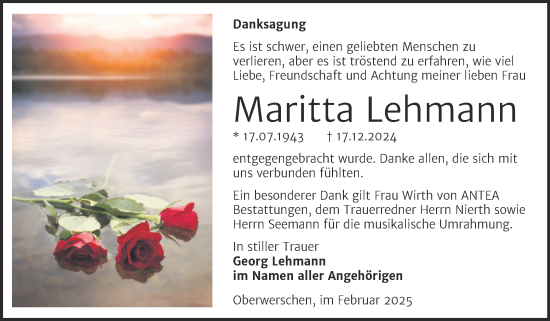 Traueranzeige von Maritta Lehmann von Trauerkombi Weißenfels