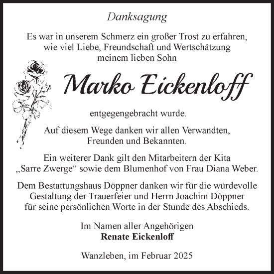 Traueranzeige von Marko Eickenloff von Volksstimme Oschersleben/Wanzleben