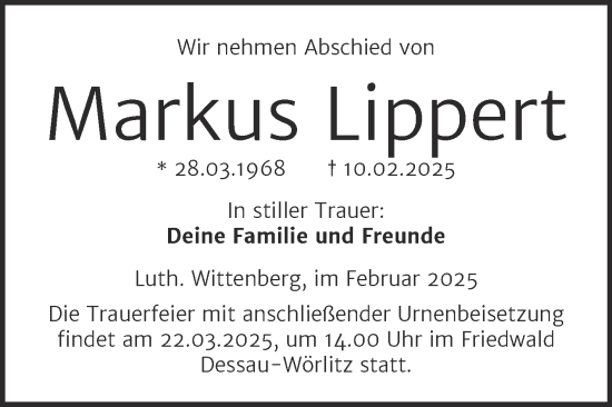 Traueranzeige von Markus Lippert von Trauerkombi Wittenberg