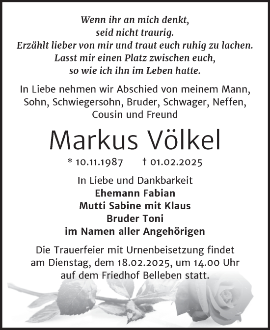 Traueranzeige von Markus Völkel von Trauerkombi Bernburg