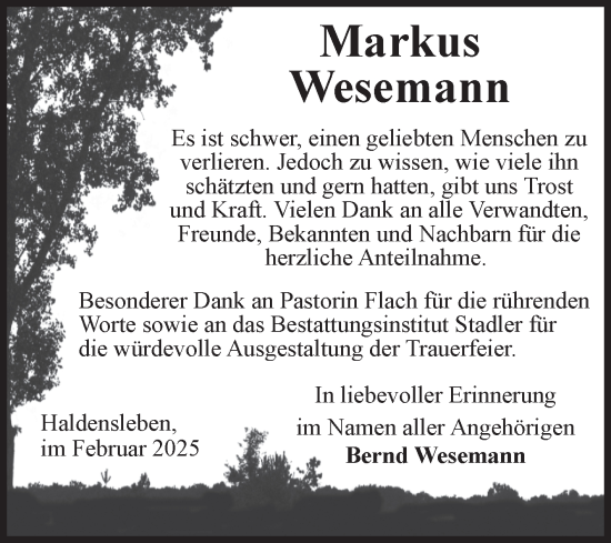 Traueranzeige von Markus Wesemann von Volksstimme Haldensleben/Wolmirstedt