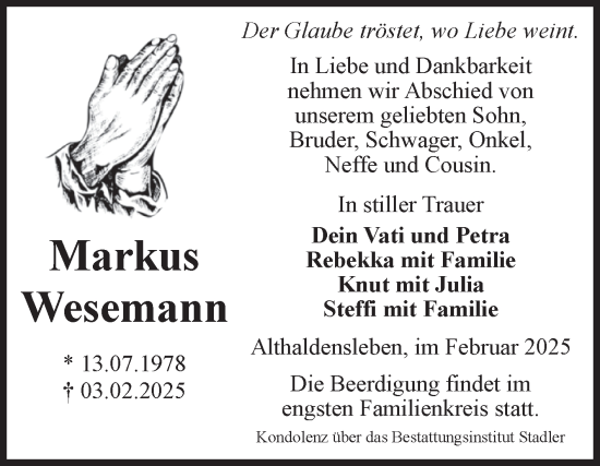 Traueranzeige von Markus Wesemann von Volksstimme Haldensleben/Wolmirstedt