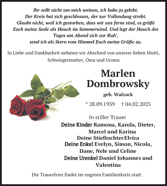 Traueranzeige von Marlen Dombrowsky von Trauerkombi Zeitz