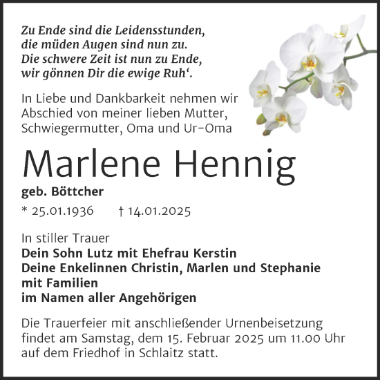 Traueranzeige von Marlene Hennig von Trauerkombi Bitterfeld