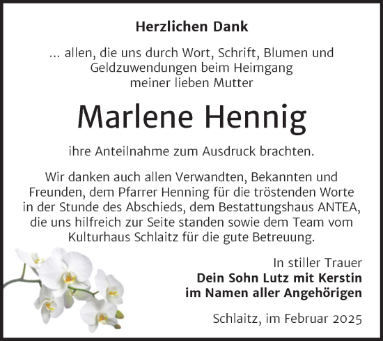 Traueranzeige von Marlene Hennig von Trauerkombi Bitterfeld
