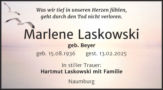 Traueranzeige von Marlene Laskowski von Super Sonntag Naumburg/Nebra