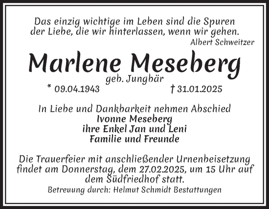Traueranzeige von Marlene Meseberg von Volksstimme Magdeburg