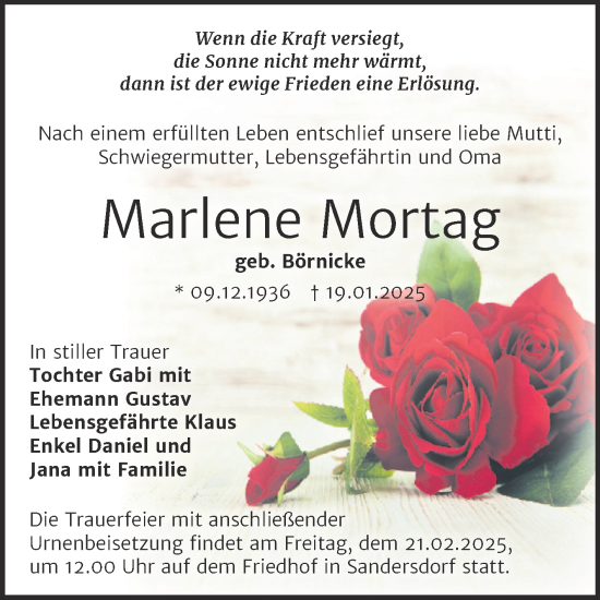 Traueranzeige von Marlene Mortag von Trauerkombi Bitterfeld