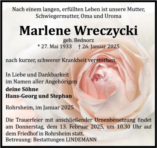 Traueranzeige von Marlene Wreczycki von Volksstimme Halberstadt