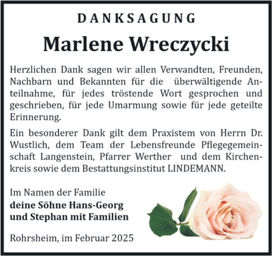 Traueranzeige von Marlene Wreczycki von Volksstimme Halberstadt