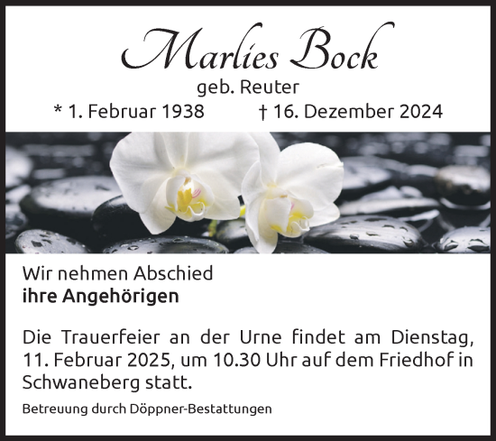 Traueranzeige von Marlies Bock von Volksstimme Oschersleben/Wanzleben