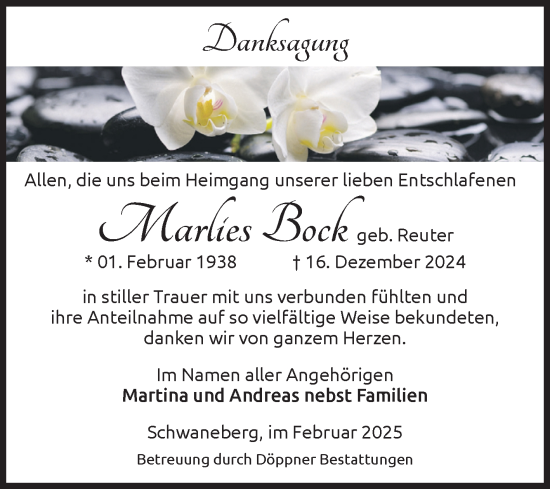 Traueranzeige von Marlies Bock von Volksstimme Oschersleben/Wanzleben