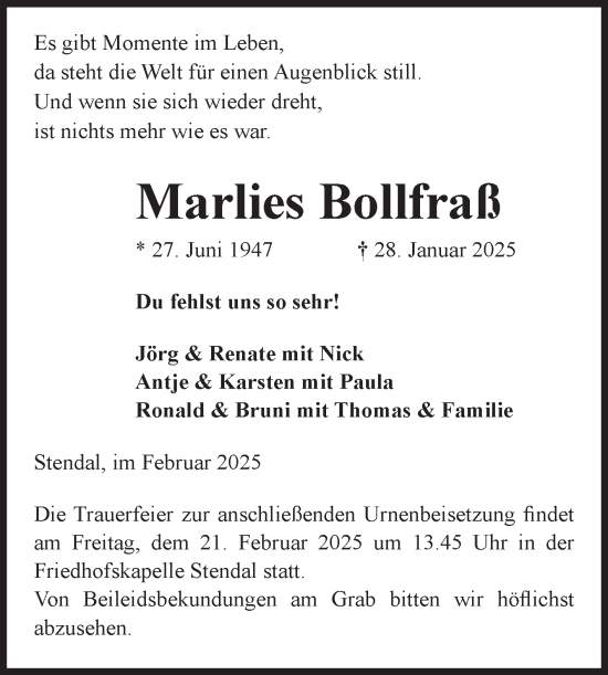 Traueranzeige von Marlies Bollfraß von Volksstimme Altmark Ost
