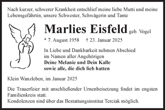 Traueranzeige von Marlies Eisfeld von Volksstimme Oschersleben/Wanzleben