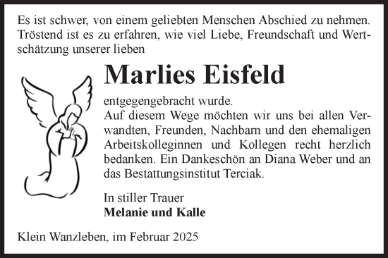 Traueranzeige von Marlies Eisfeld von Volksstimme Oschersleben/Wanzleben