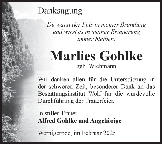 Traueranzeige von Marlies Gohlke von Volksstimme Wernigerode