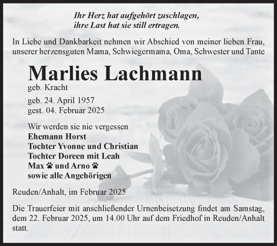 Traueranzeige von Marlies Lachmann von Volksstimme Zerbst