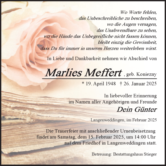 Traueranzeige von Marlies Meffert von Volksstimme Oschersleben/Wanzleben
