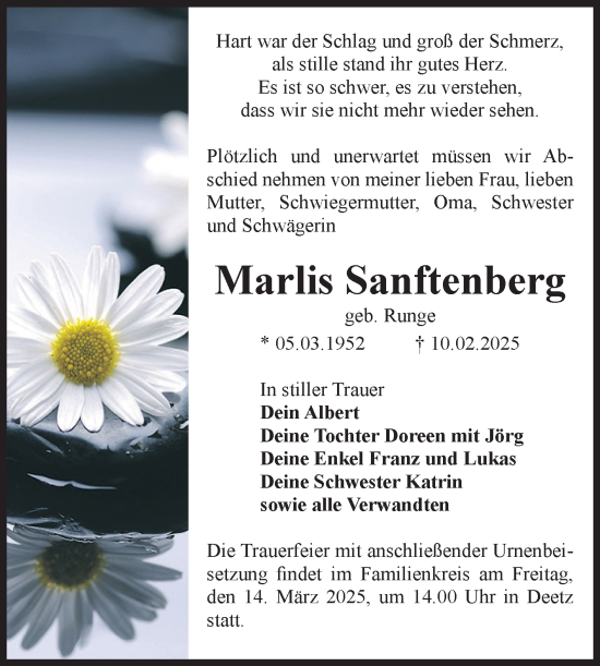 Traueranzeige von Marlis Sanftenberg von Volksstimme Zerbst