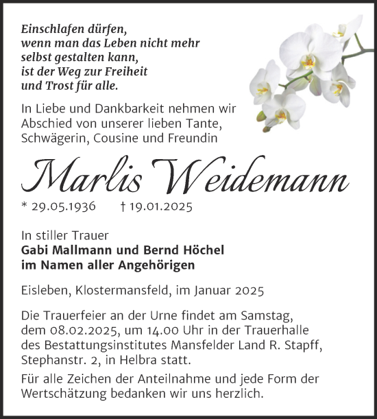 Traueranzeige von Marlis Weidemann von Trauerkombi Mansfelder Land