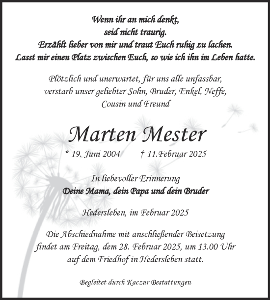 Traueranzeige von Marten Mester von Trauerkombi Quedlinburg