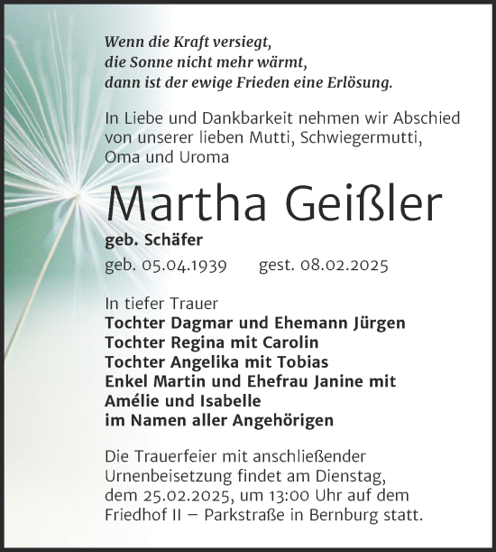 Traueranzeige von Martha Geißler von Trauerkombi Bernburg
