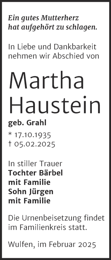 Traueranzeige von Martha Haustein von Trauerkombi Köthen