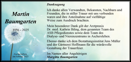 Traueranzeige von Martin Baumgarten von Trauerkombi Aschersleben