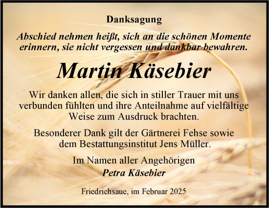 Traueranzeige von Martin Käsebier von Trauerkombi Aschersleben