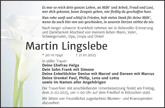 Traueranzeige von Martin Lingslebe von Trauerkombi Merseburg