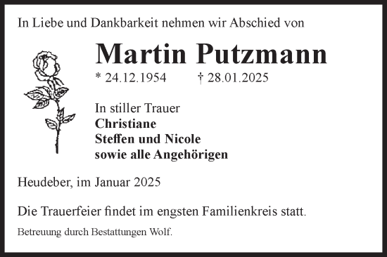 Traueranzeige von Martin Putzmann von Volksstimme Wernigerode
