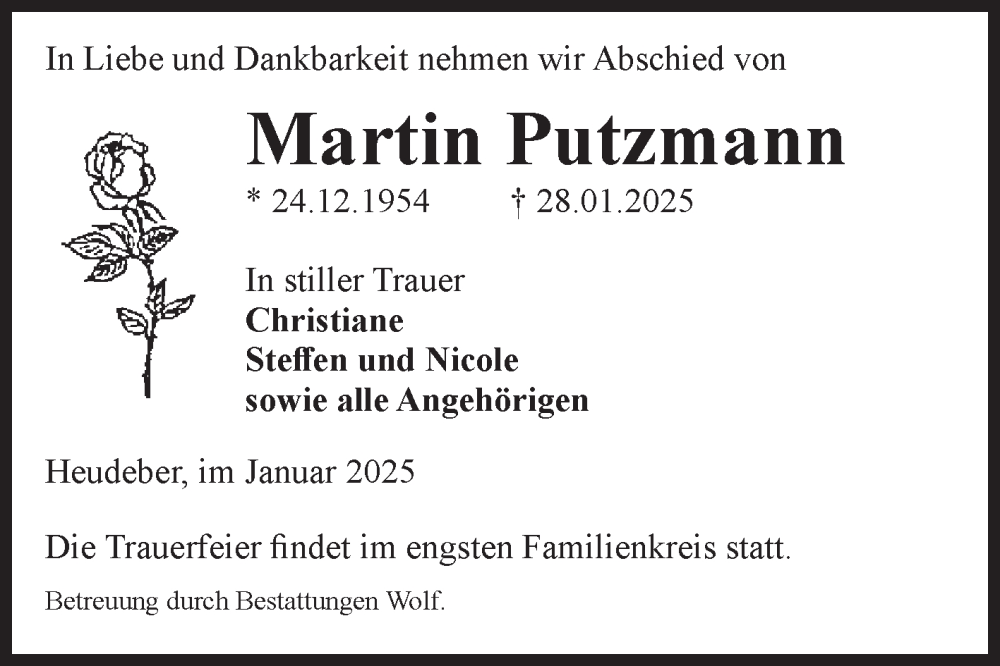  Traueranzeige für Martin Putzmann vom 01.02.2025 aus Volksstimme Wernigerode