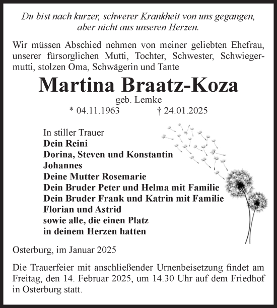 Traueranzeige von Martina Braatz-Koza von Volksstimme Altmark Ost