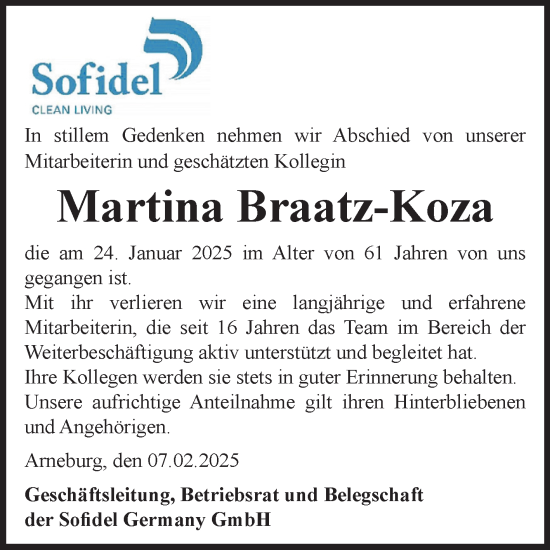 Traueranzeige von Martina Braatz-Koza von Volksstimme Altmark Ost