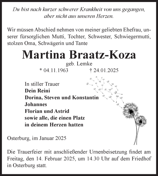 Traueranzeige von Martina Braatz-Koza von Volksstimme Altmark Ost