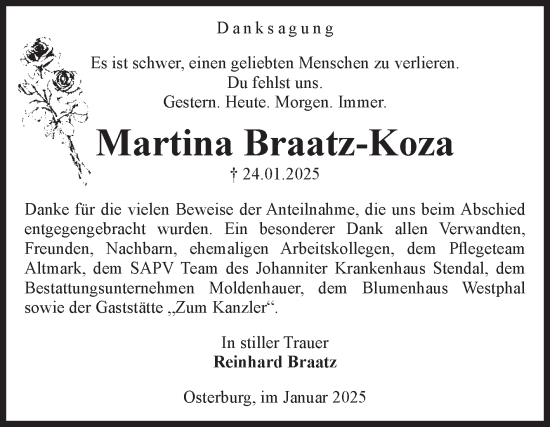 Traueranzeige von Martina Braatz-Koza von Volksstimme Altmark Ost