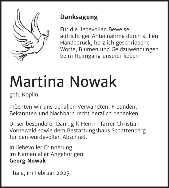 Traueranzeige von Martina Nowak von Trauerkombi Quedlinburg