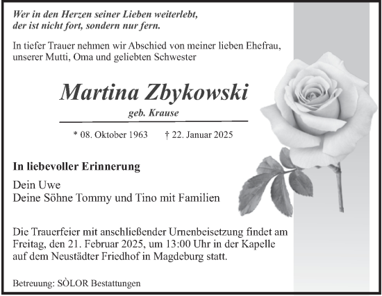 Traueranzeige von Martina Zbykowski von Volksstimme Magdeburg