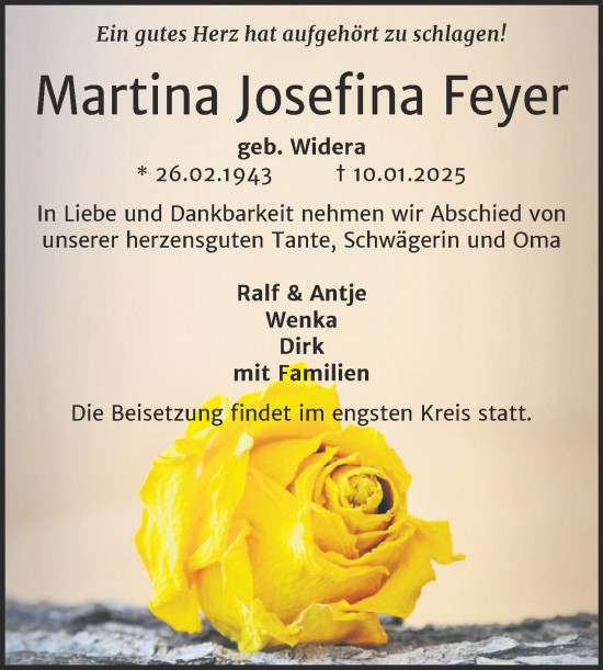 Traueranzeige von Martina Josefina Feyer von Trauerkombi Weißenfels