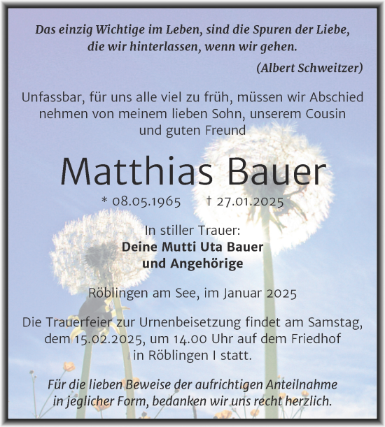 Traueranzeige von Matthias Bauer von Trauerkombi Mansfelder Land