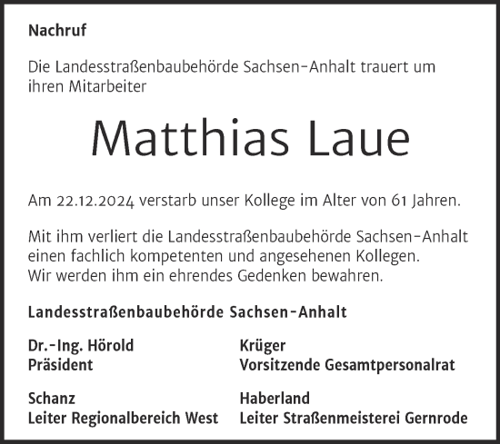 Traueranzeige von Matthias Laue von Mitteldeutsche Zeitung Quedlingburg