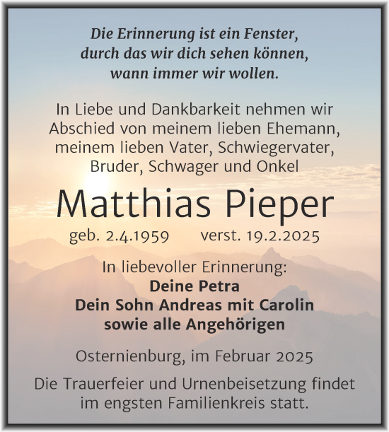 Traueranzeige von Matthias Pieper von Trauerkombi Köthen