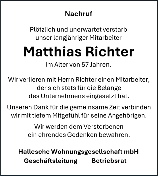 Traueranzeige von Matthias Richter von Mitteldeutsche Zeitung Halle/Saalkreis