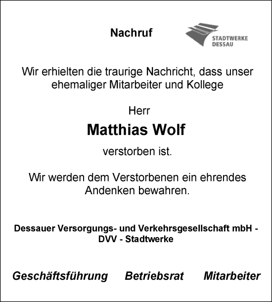 Traueranzeige von Matthias Wolf von Super Sonntag Dessau-Roßlau