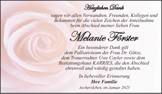 Traueranzeige von Melanie Förster von Trauerkombi Aschersleben